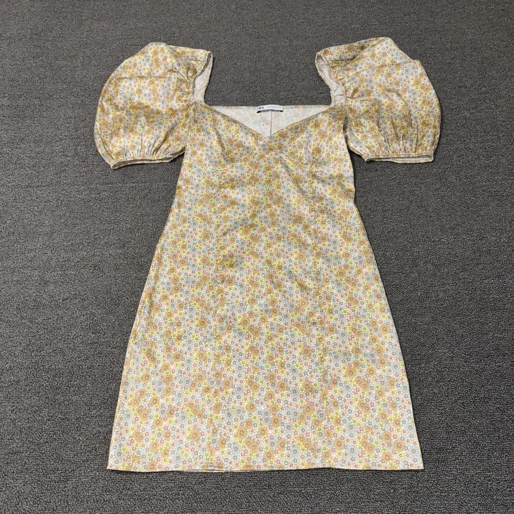Zara Mini Dress Womens Medium‎ Multicolor Floral Puff Sleeve Sweetheart Neck